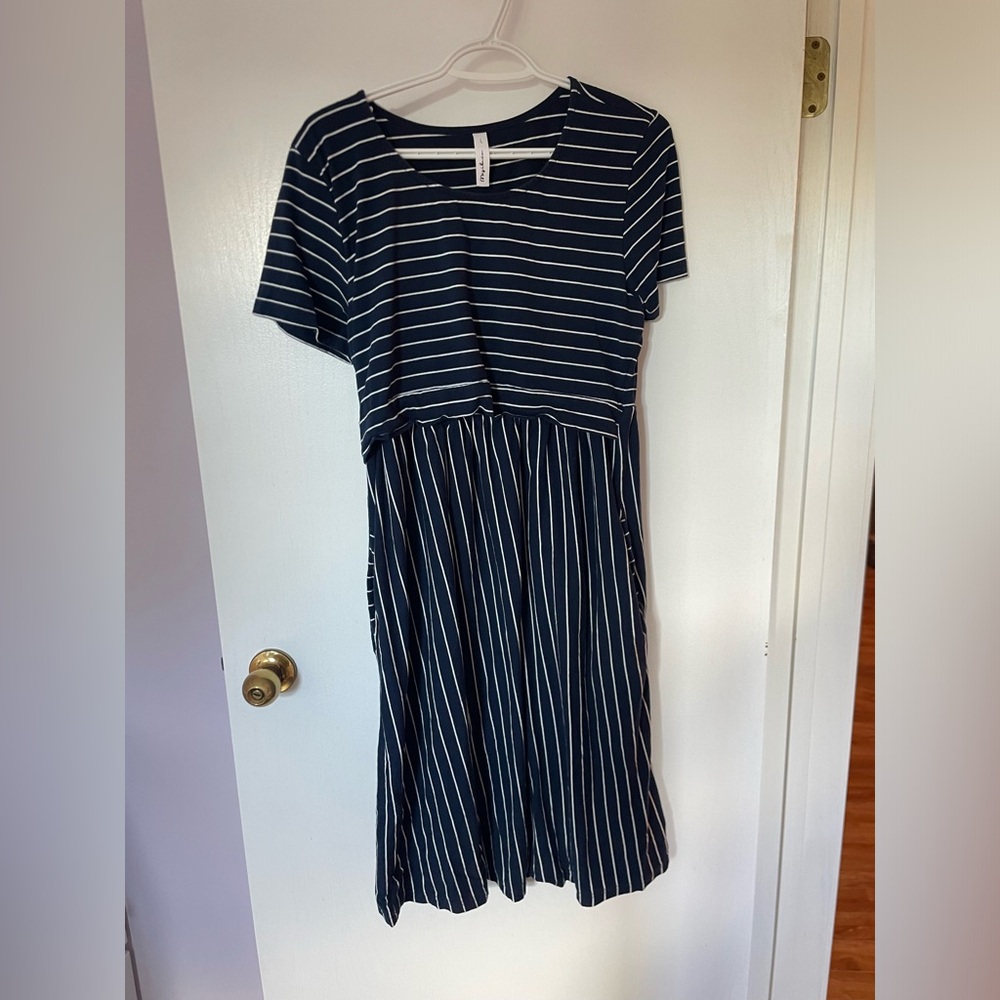 Navy Blue & White Striped Midi Maternity/Nursing Dress